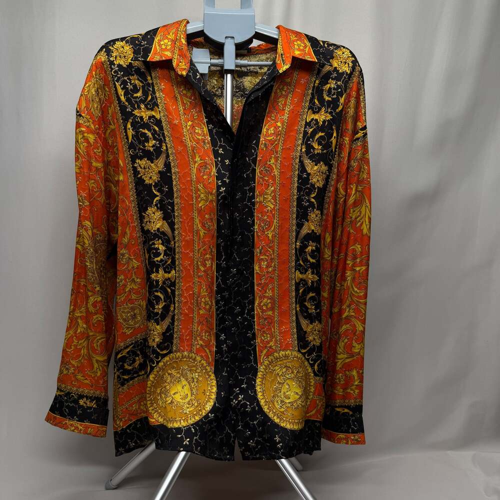 Vintage Monzini Collection Silk Metallic Baroque Button Down Shirt - Medium